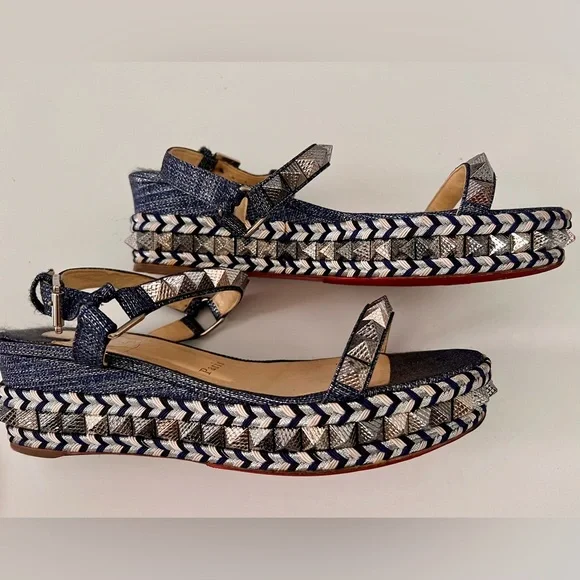 Christian Louboutin Blue DenimPyaclou Studded Ankle Strap Platform Sandals 38 - Picture 3 of 10